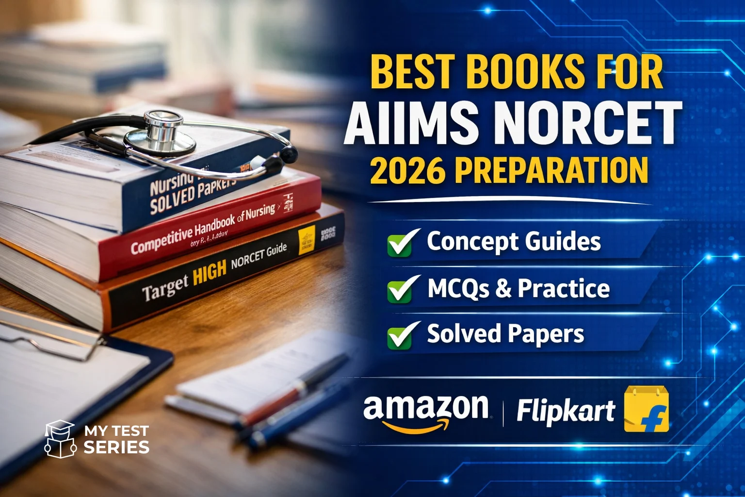 Best books for AIIMS NORCET 2026 preparation including nursing officer guide, MCQ practice books and solved papers
