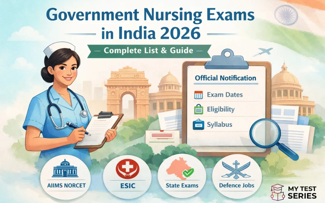 Government Nursing Exams in India 2026 official notification style featured image showing AIIMS NORCET, ESIC, State Nursing Exams and Defence Nursing Jobs