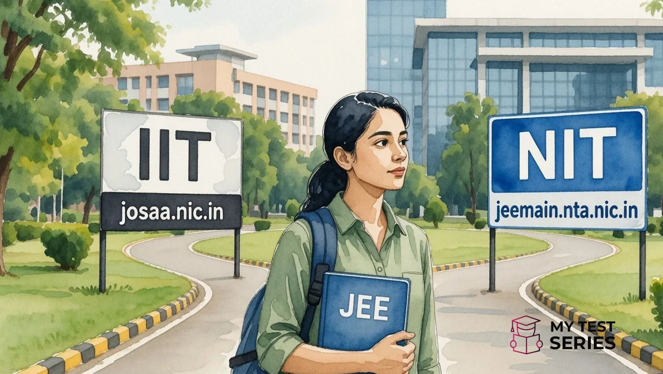 Watercolor illustration of a student choosing between IIT and NIT after JEE, standing at a fork in the road with campus buildings and official websites in the background