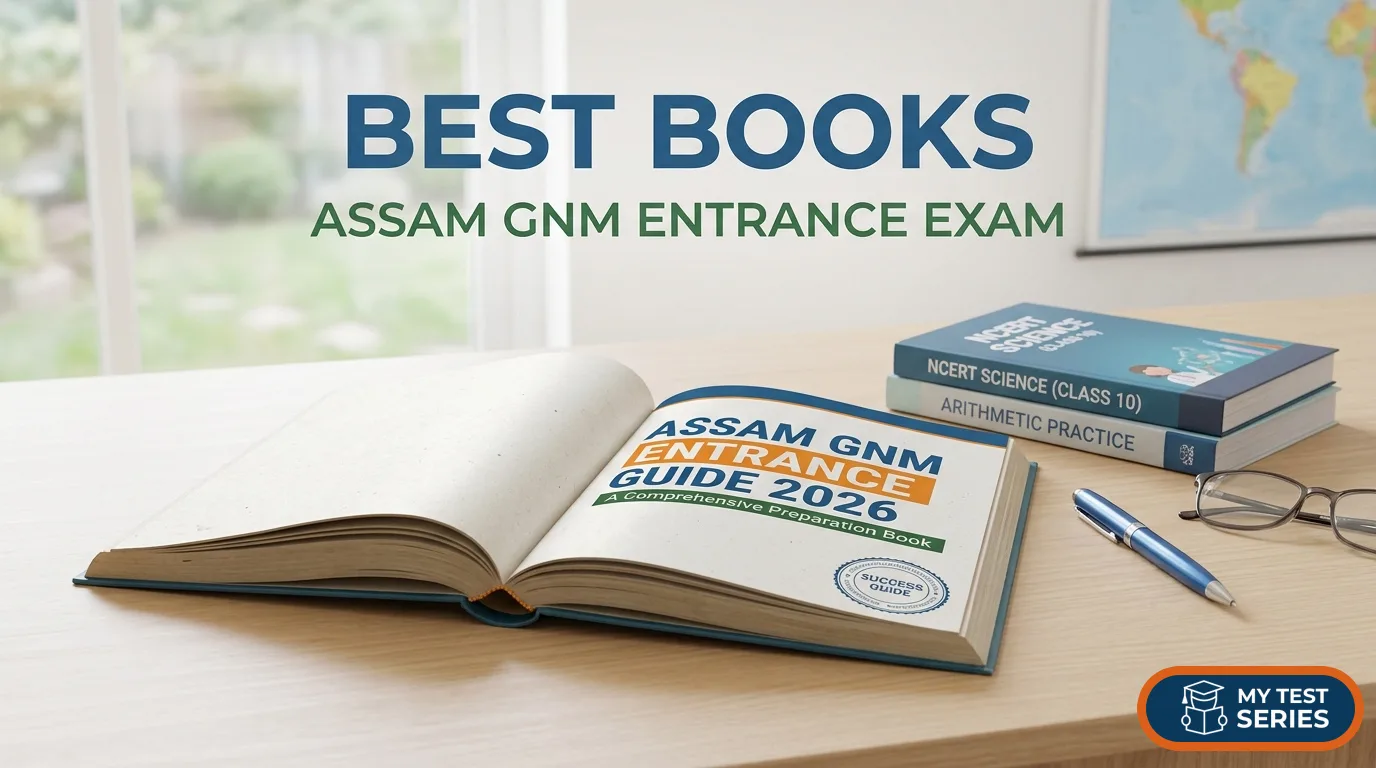 Recommended study guides and textbooks for the Assam GNM Nursing Entrance Exam 2026 on a wooden desk.