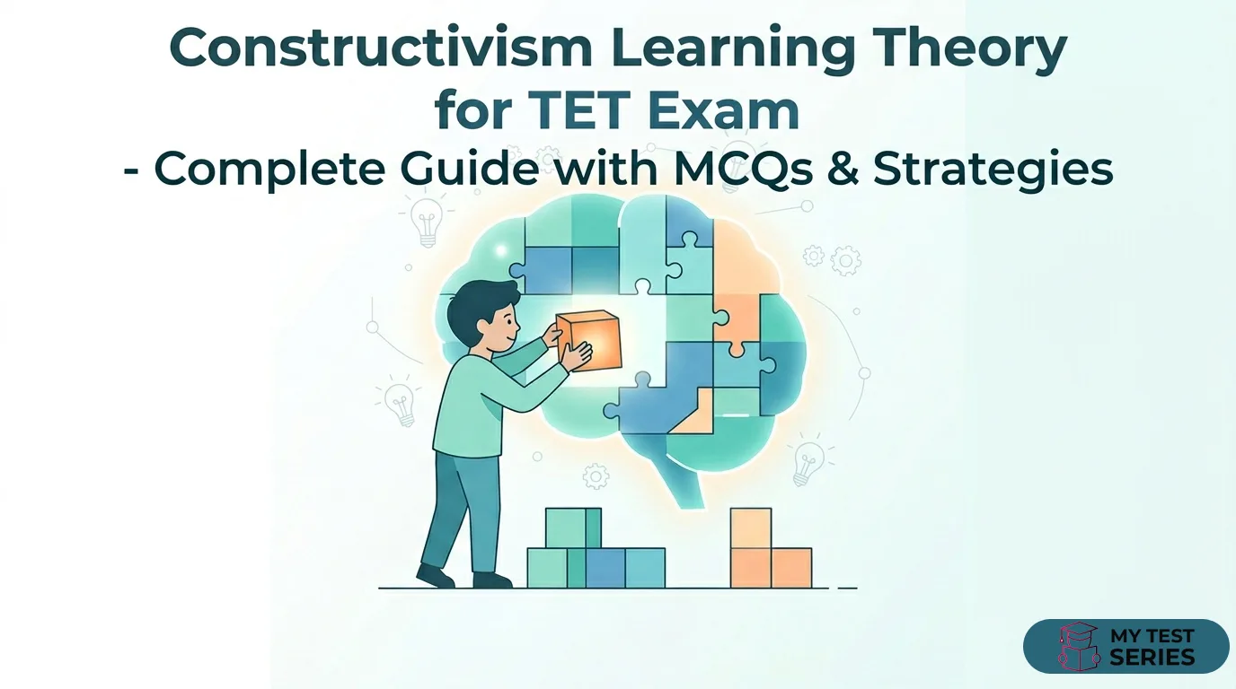Constructivism learning theory for TET exam – student actively constructing knowledge with building blocks and brain illustration
