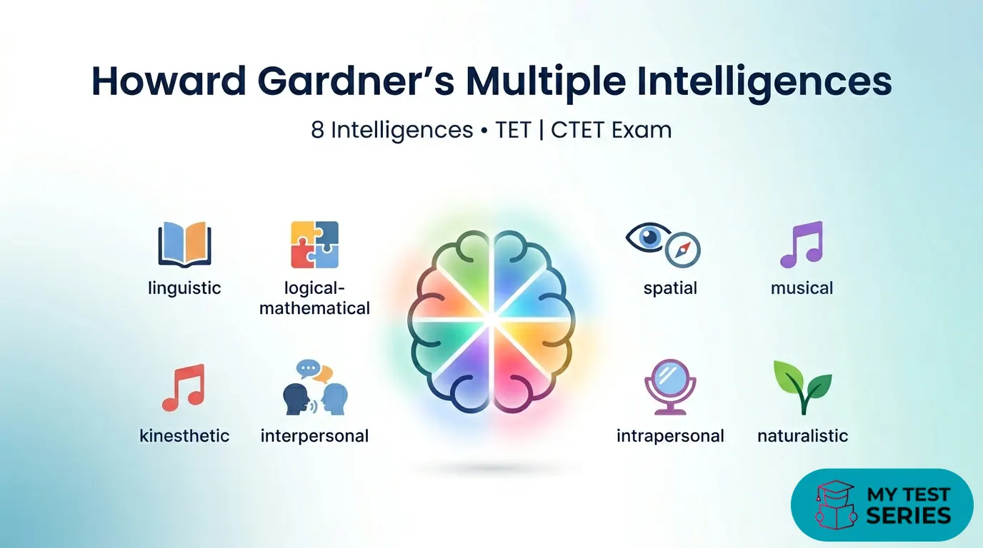 howard-gardner-multiple-intelligences-theory-tet-ctet-guide Howard Gardner Theory of Multiple Intelligences illustration showing 8 types of intelligence for TET CTET exam preparation