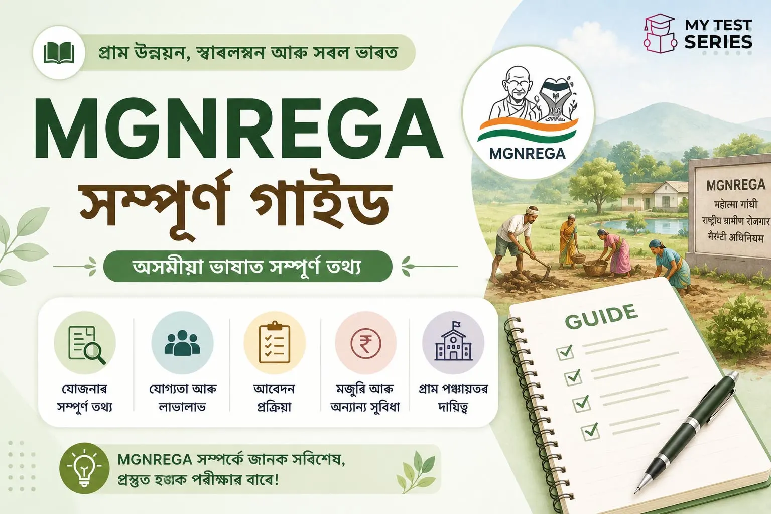 mgnrega-assamese-complete-guide MGNREGA অসমীয়া সম্পূৰ্ণ গাইড 2026 — জব কাৰ্ড, মজুৰি, কাম, অধিকাৰ ও পৰীক্ষাৰ বাবে সম্পূৰ্ণ জ্ঞান