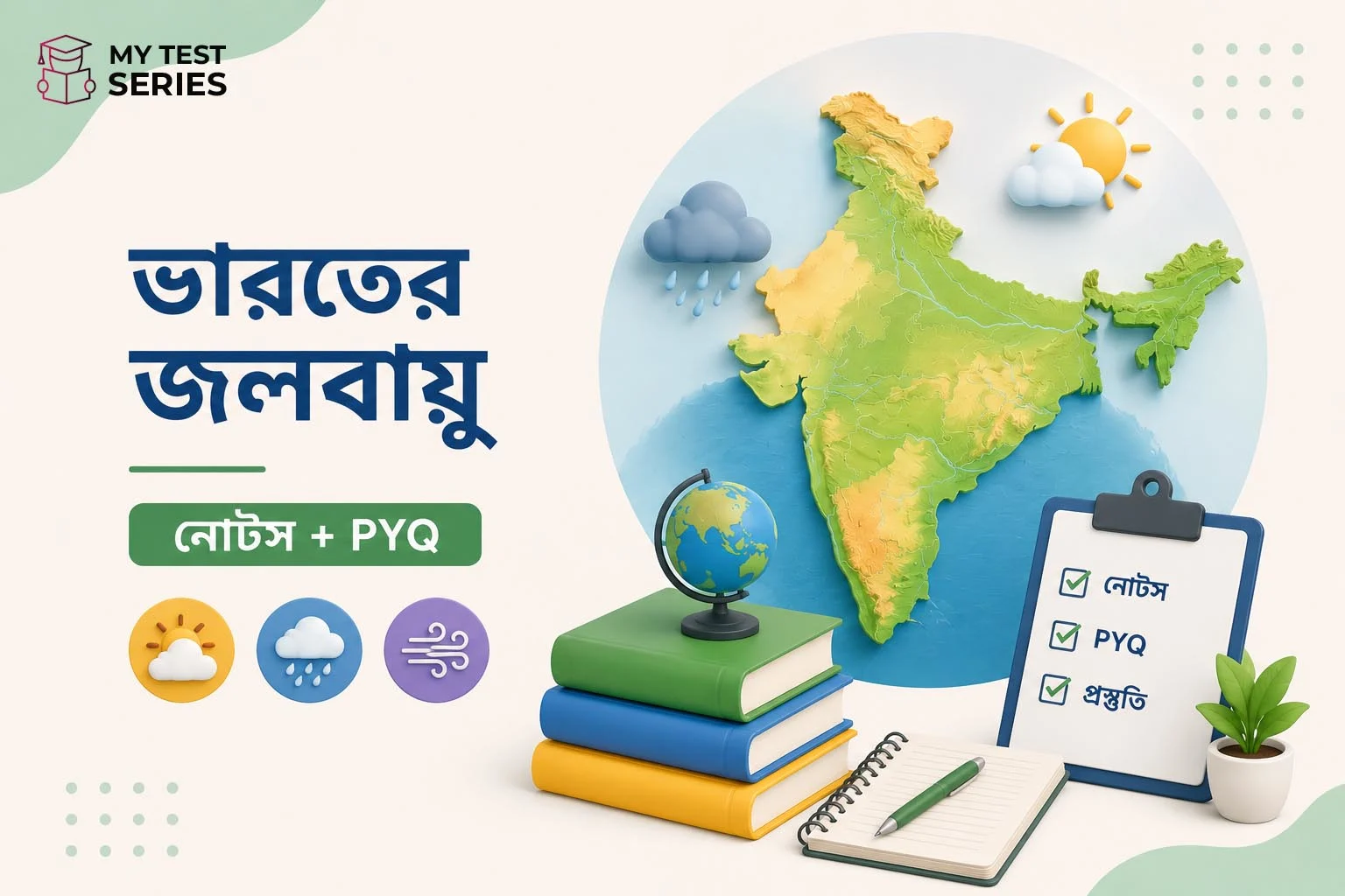 TET পরীক্ষার জন্য ভারতের জলবায়ুর সম্পূর্ণ বাংলা নোট — মৌসুমি বায়ু, বৃষ্টিপাত, ঋতু, PYQ ও ২৫টি MCQ সহ।