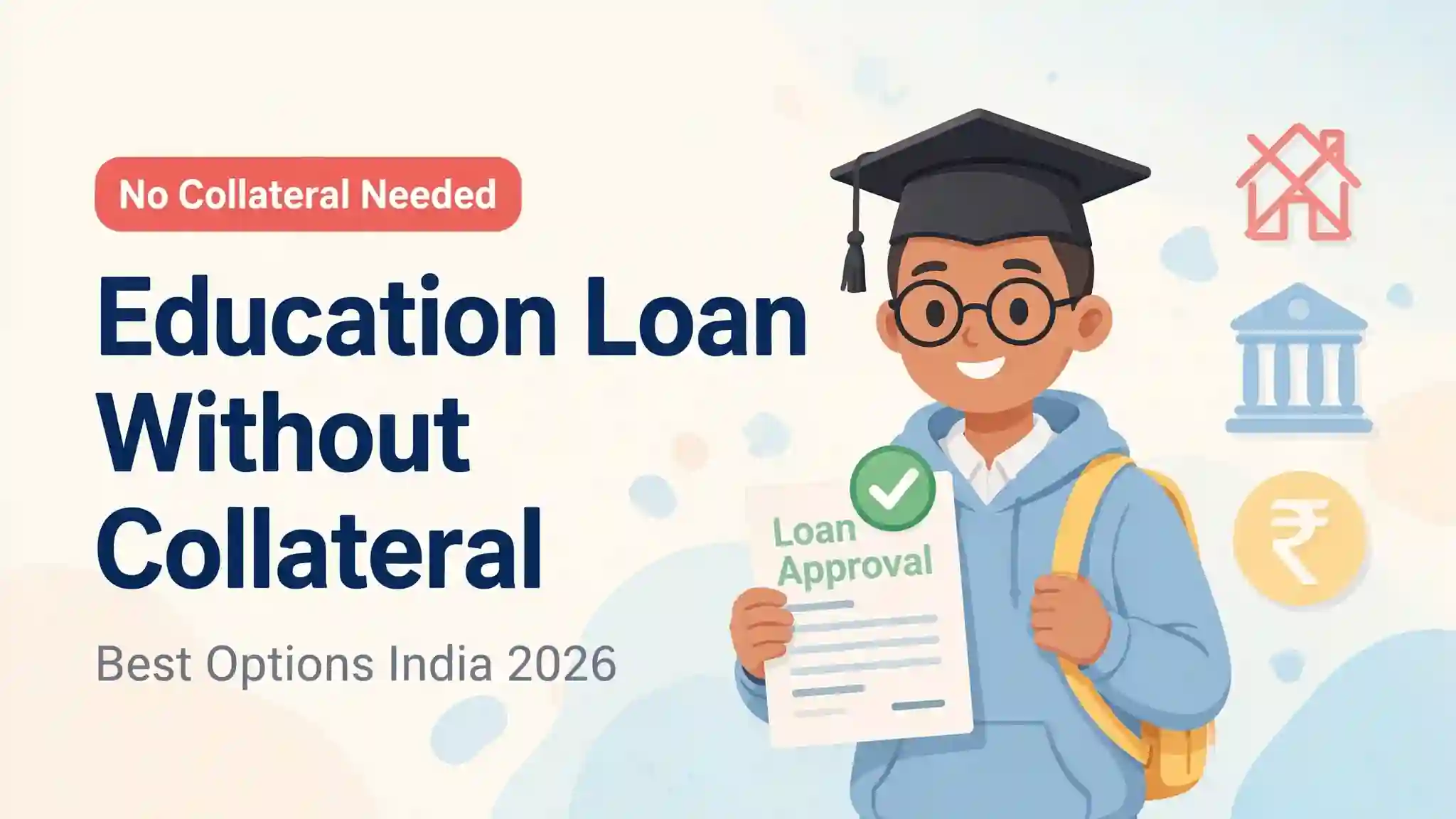 Best education loans in India without collateral 2026 - Student holding approved loan document with no property needed concept