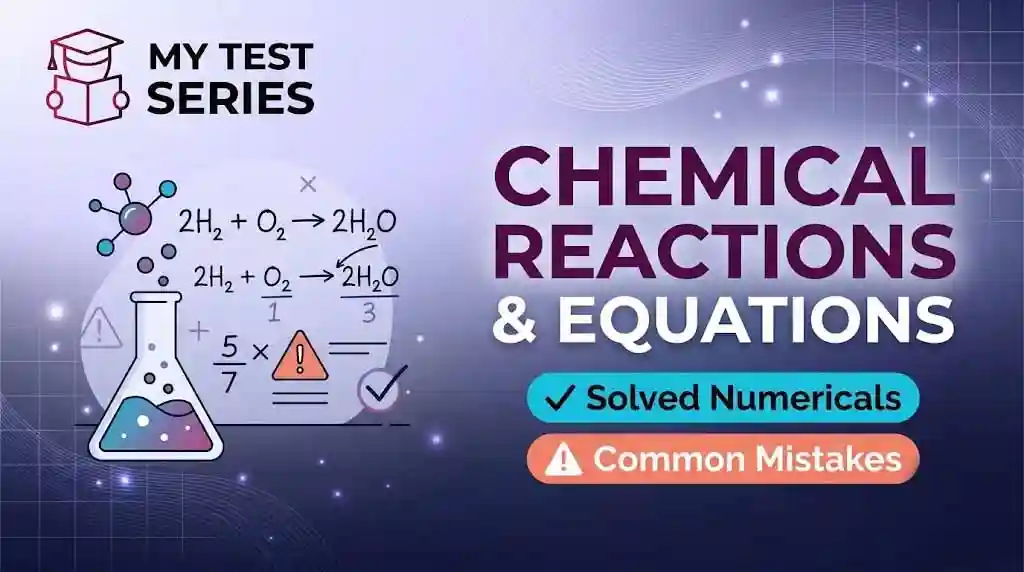 Chemical Reactions and Equations Solved Numericals and Common Mistakes study guide banner - My Test Series
