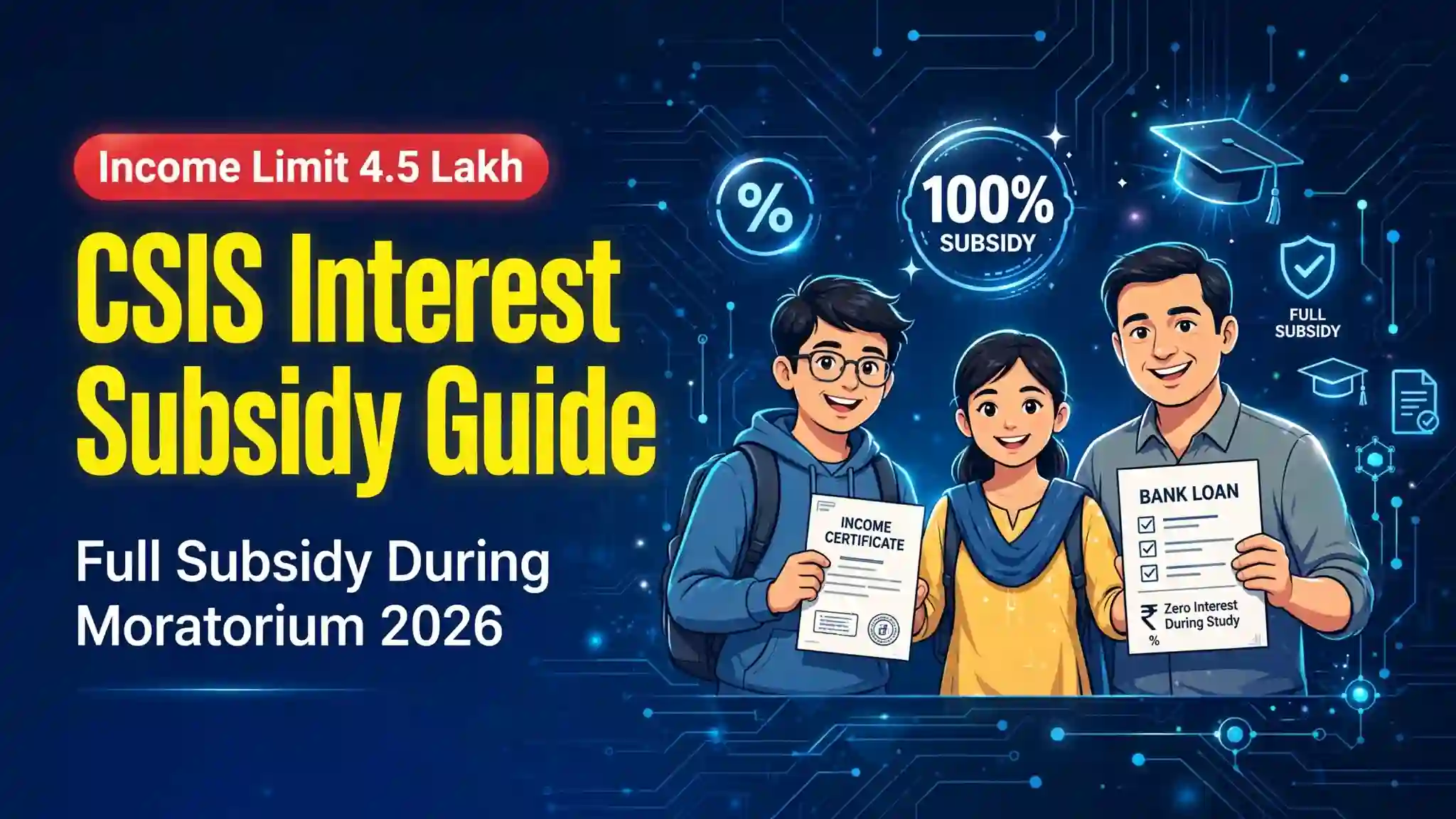 CSIS Interest Subsidy Guide 2026 - Income Limit 4.5 Lakh with 100 percent subsidy during moratorium for education loan