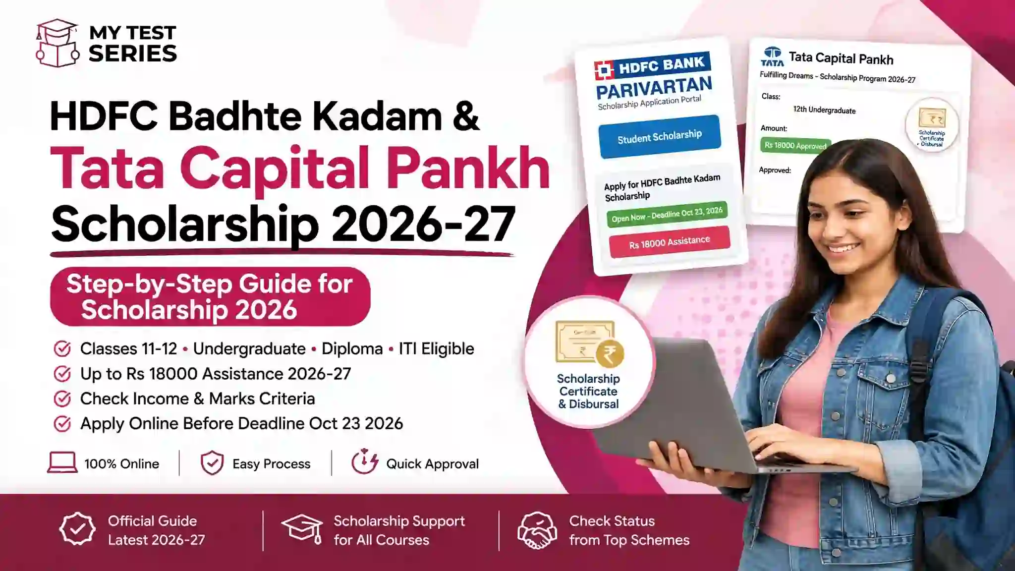 HDFC Badhte Kadam and Tata Capital Pankh Scholarship 2026-27 - Up to Rs 18000 assistance for Class 11-12 undergraduate diploma ITI