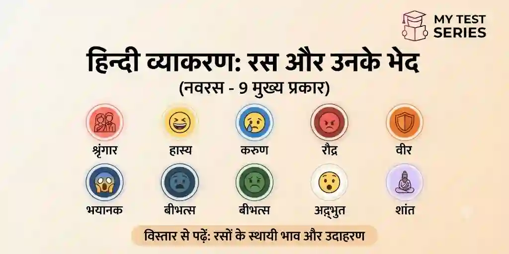 Ras ke Bhed (Navaras) – Hindi Grammar – My Test Series हिंदी व्याकरण रस के भेद: नवरस (9 प्रकार) की सूची और उदाहरण (Ras ke Bhed in Hindi Grammar)