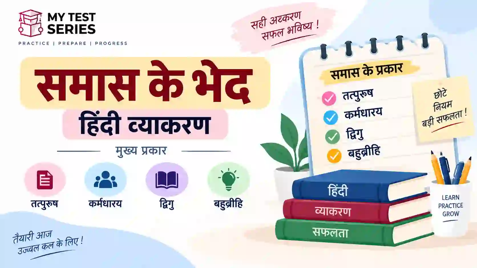 समास के भेद – तत्पुरुष, कर्मधारय, द्विगु और बहुव्रीहि समास