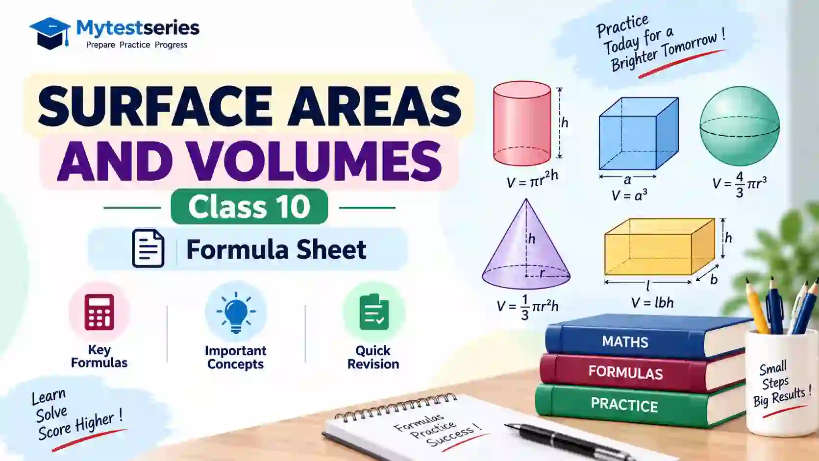 Surface Areas and Volumes Class 10 formula sheet with important area and volume formulas