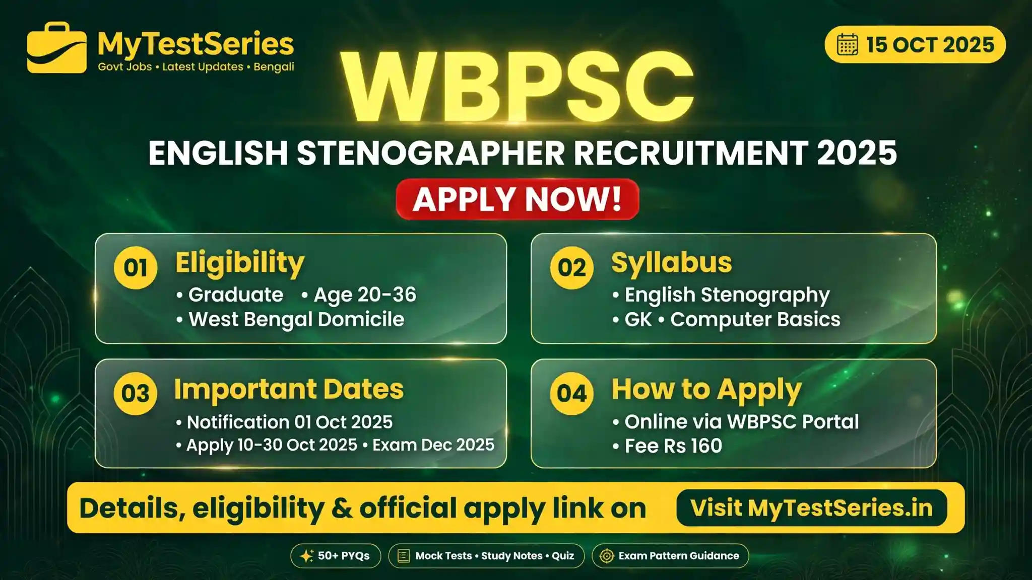 WBPSC English Stenographer Recruitment 2025 – Apply Now WBPSC English Stenographer Recruitment 2025 eligibility syllabus important dates how to apply